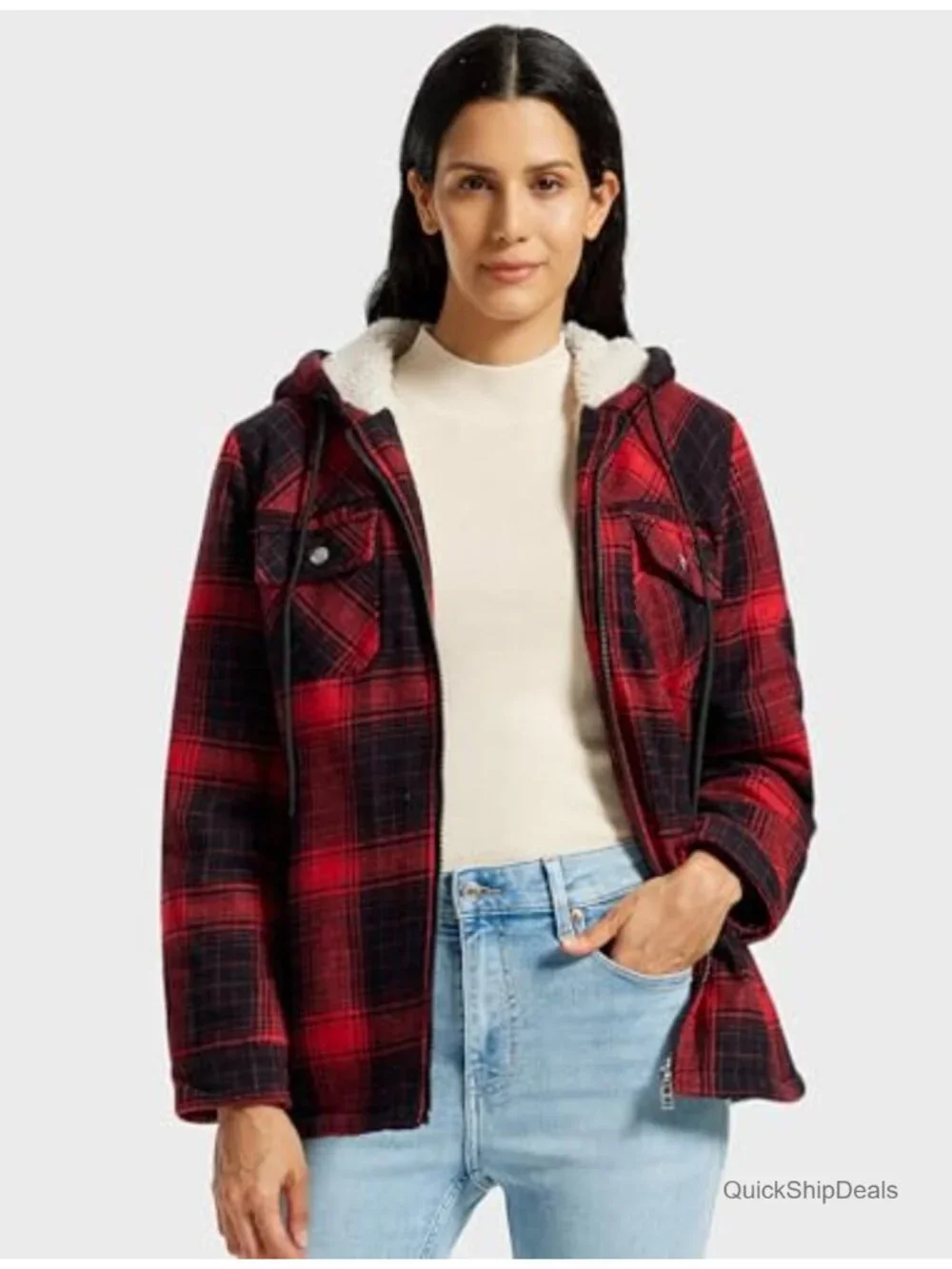 Women's Fleece Zip Up Hoodie Plaid Flannel Jacket With Pockets